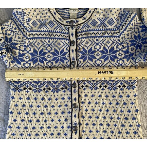 L.L.Bean Sz MP Nordic Fair Isle Sweater Cardigan Blue Ivory Women's Metal Button - Picture 8 of 10